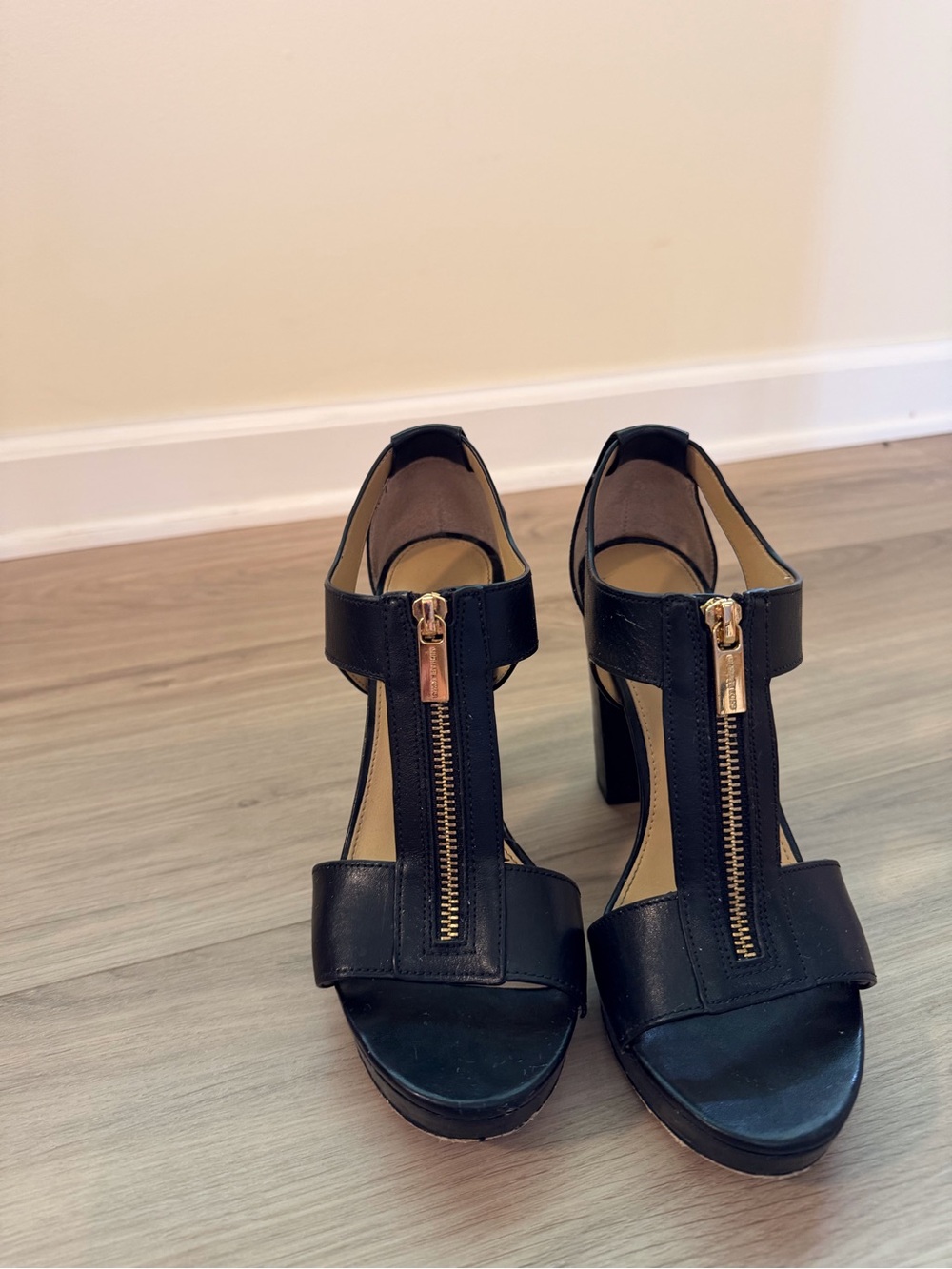 Michael Kors Black Leather T-Strap Platform Heels with Gold Zipper Accent